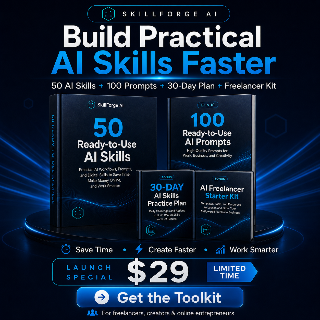 SkillForge AI Starter Toolkit product bundle preview showing the AI skills, prompts, practice plan, and freelancer kit
