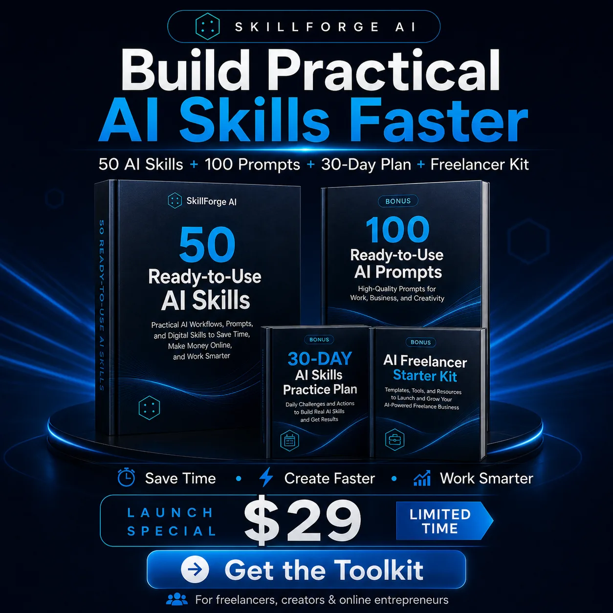 SkillForge AI Starter Toolkit product bundle preview showing the AI skills, prompts, practice plan, and freelancer kit