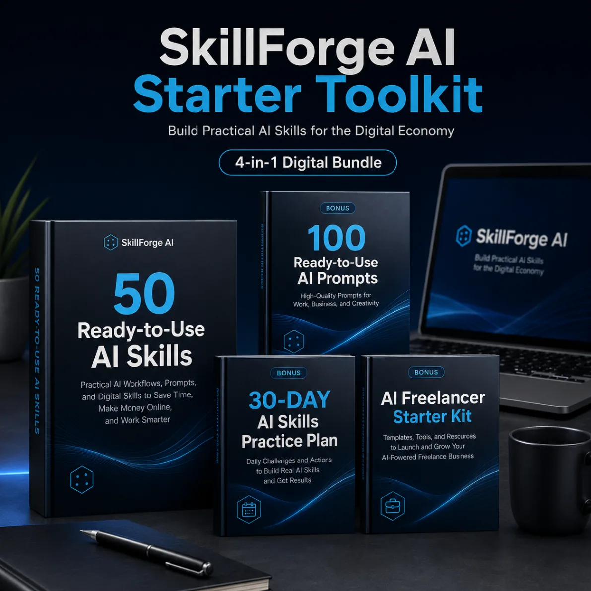 SkillForge AI Starter Toolkit digital product bundle with AI skills, prompts, practice plan, and freelancer kit