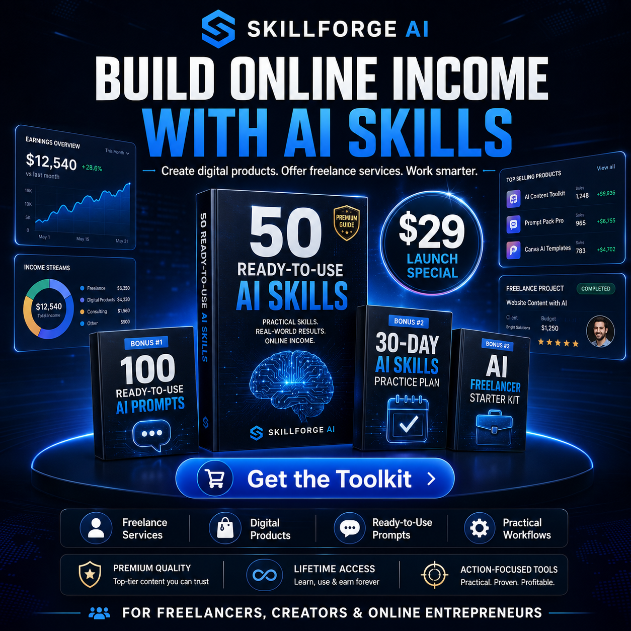 Build online income with AI skills through freelance services and digital products