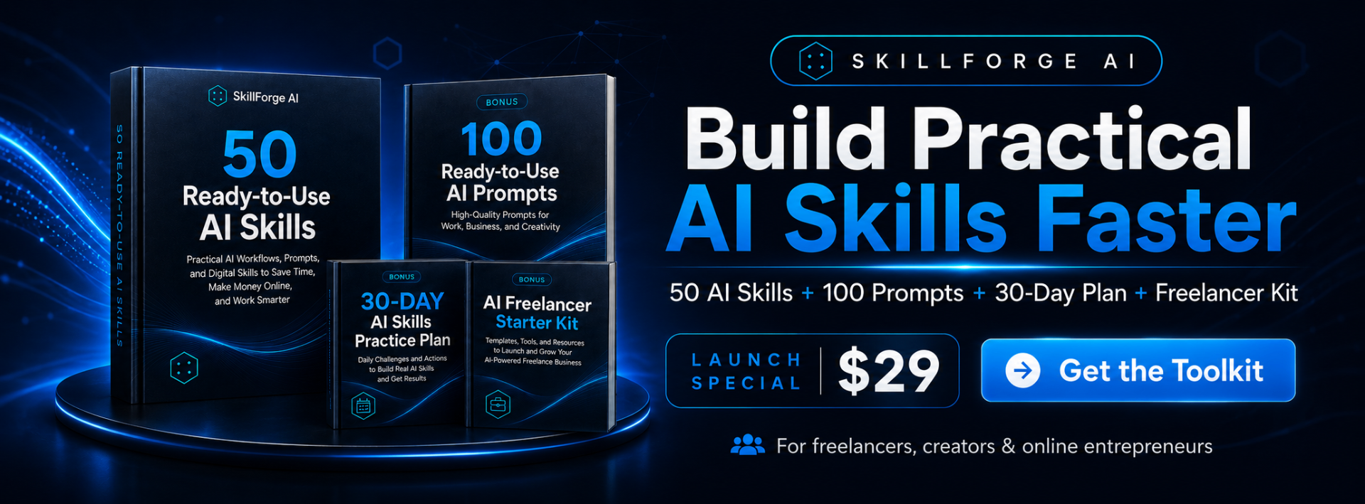 SkillForge AI Starter Toolkit Facebook banner with product bundle and launch offer